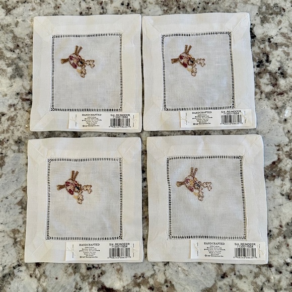 Holiday Embroidered Reindeer Linen Napkins Coasters Set of 4 6.5" x 6.5" - Picture 2 of 6